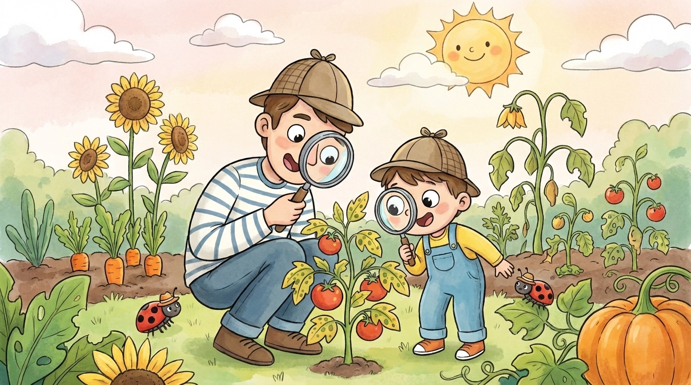 Cartoon parent and child inspecting a plant in the garden, demonstrating problem-solving gardening skills.