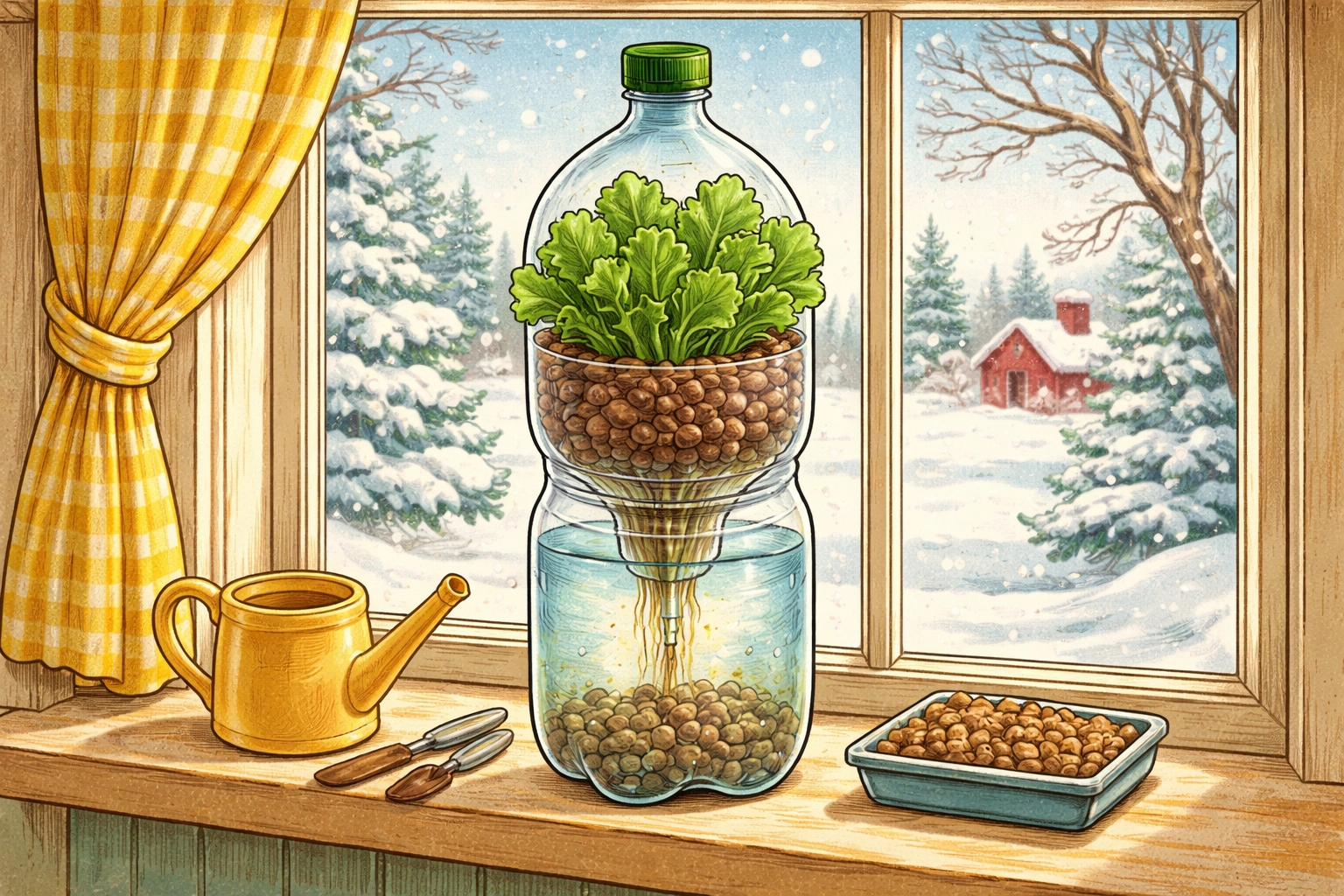 Whimsical 1950s storybook illustration of a finished 2-liter bottle hydroponic garden with a small leafy plant on a sunny winter windowsill