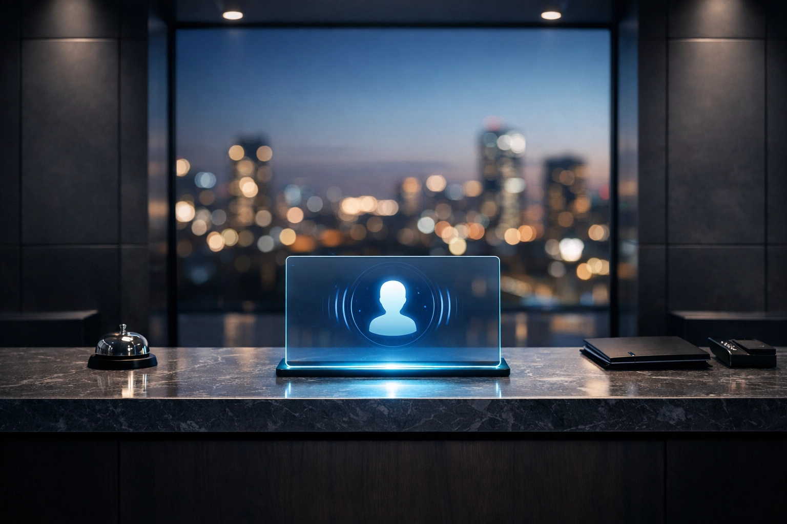AI receptionist for hospitality active on a hotel front desk tablet during night hours.