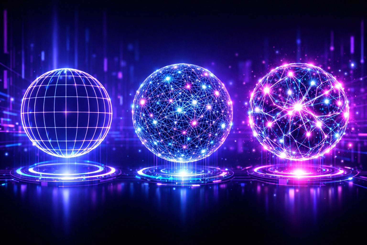 Visualisierung der verschiedenen Stufen der KI-Kompetenz als vernetzte Licht-Sphären.