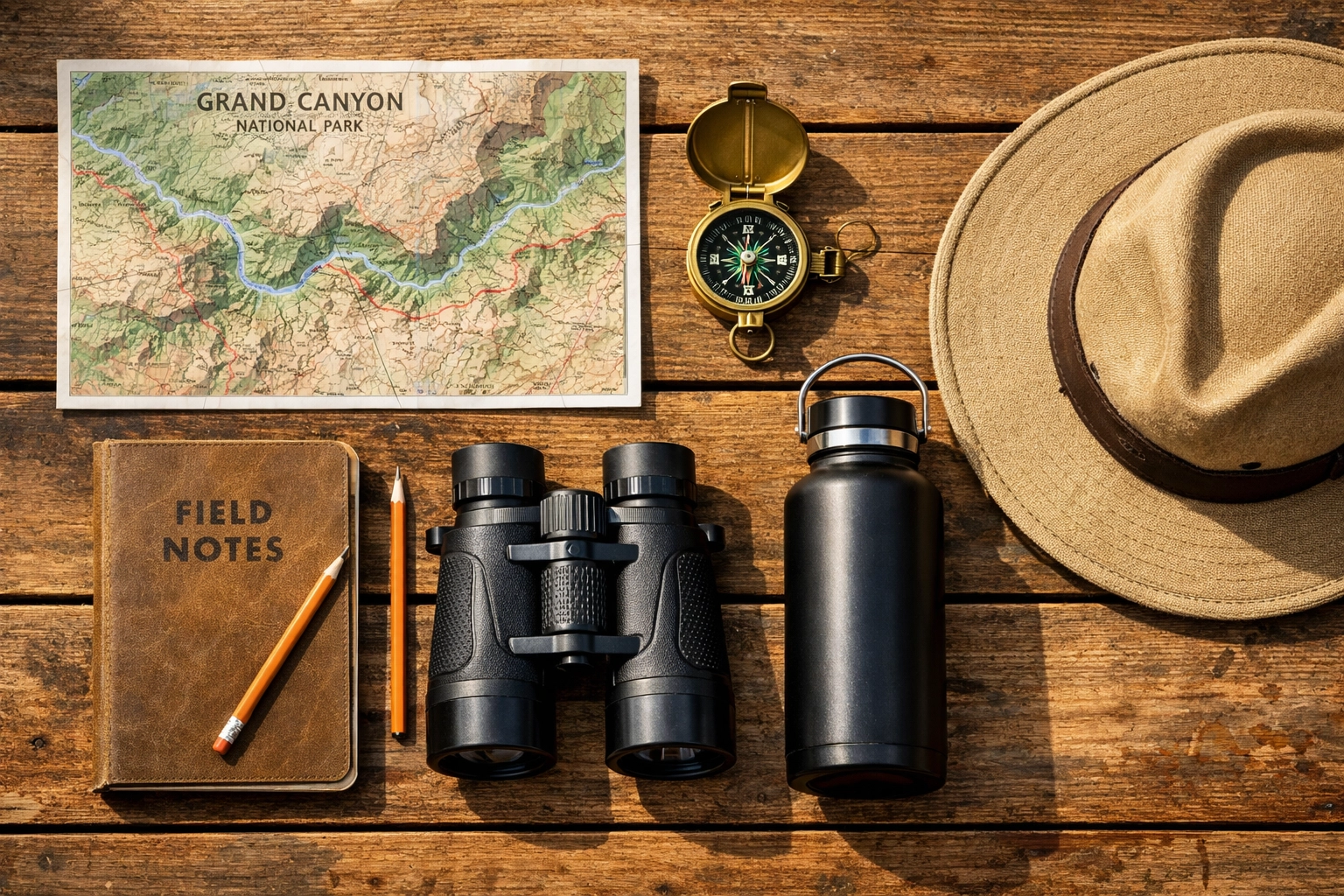 Essential field gear and maps laid out for planning a Grand Canyon geology student program.