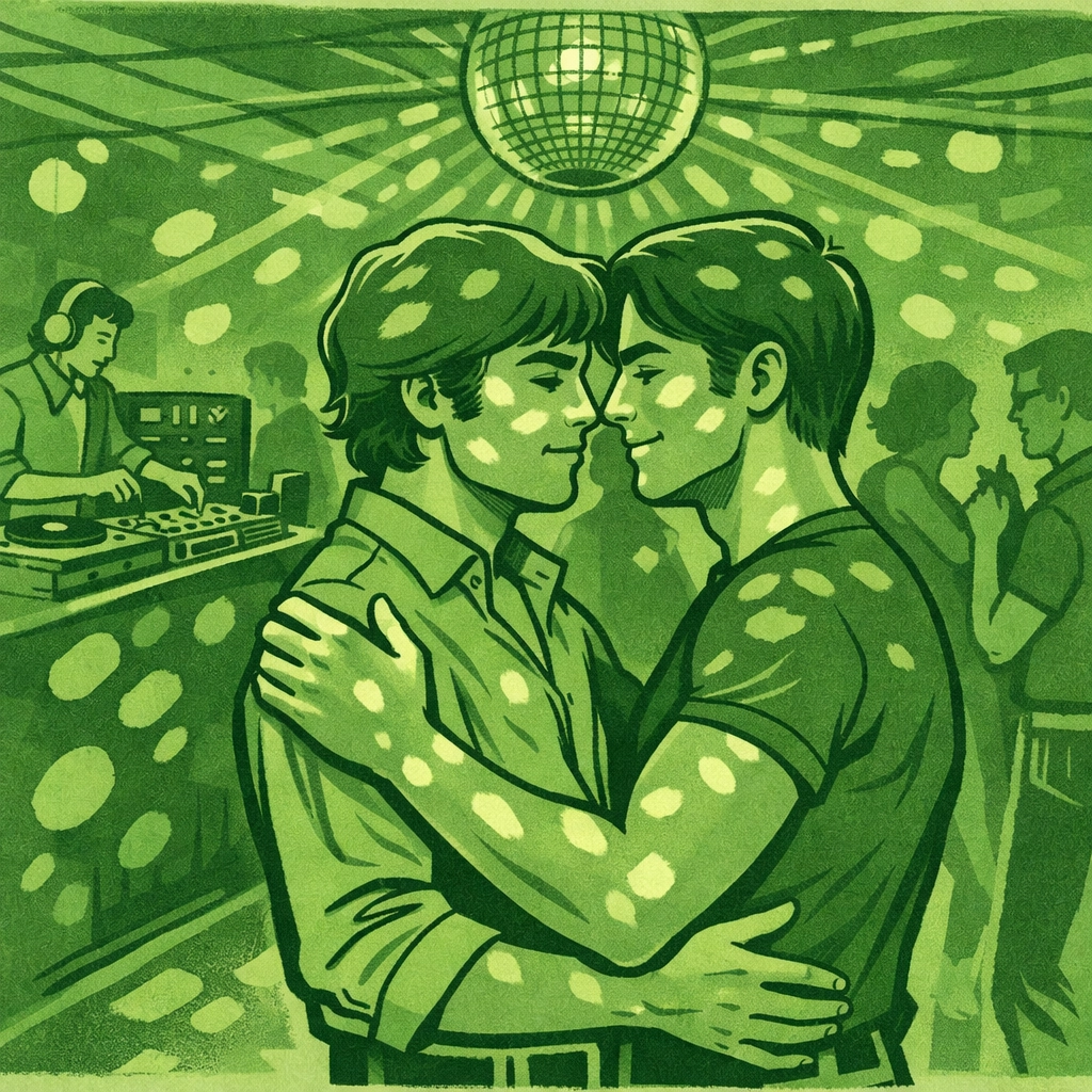 Two men dancing at Bang! nightclub in 1970s London, the beginning of G-A-Y's legacy
