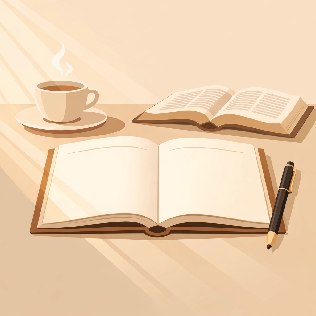 Prayer journal with open Bible and morning coffee, tools for daily spiritual healing practice