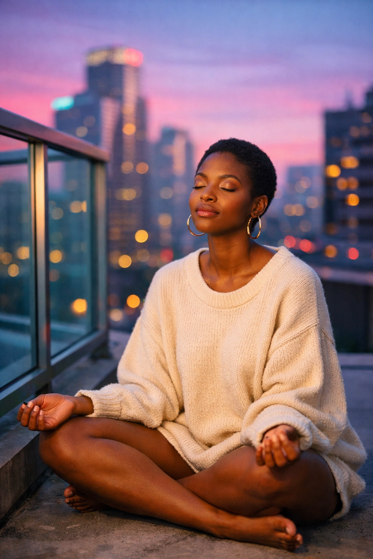 Young woman meditating on urban balcony at sunset practicing Buddhist mindfulness