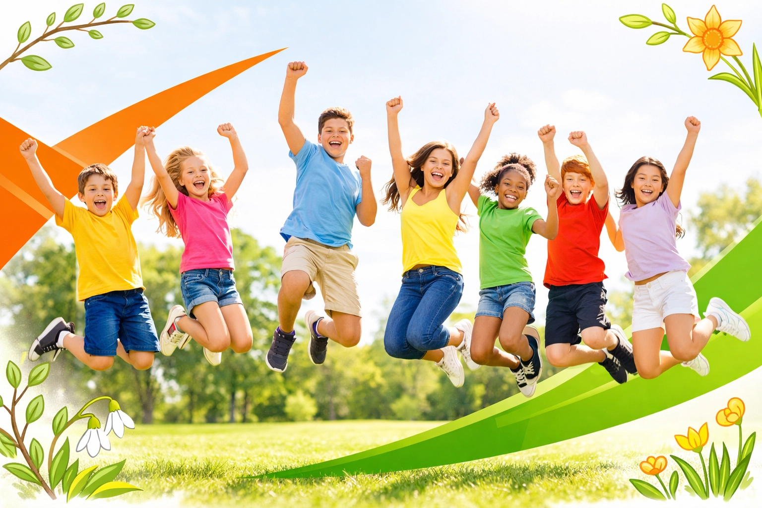 Joyful kids and teens celebrating growth at the Easter Life Skills Bootcamp in a sunny park