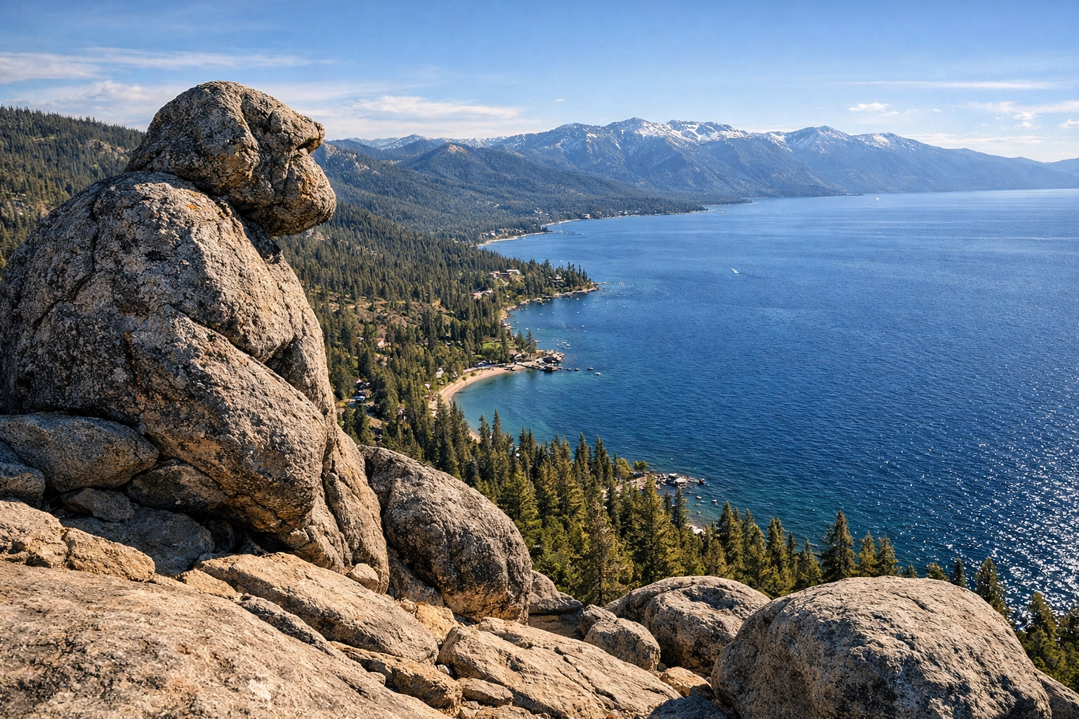 Panoramic view from Monkey Rock overlooking the deep blue waters and mountain peaks of Lake Tahoe.