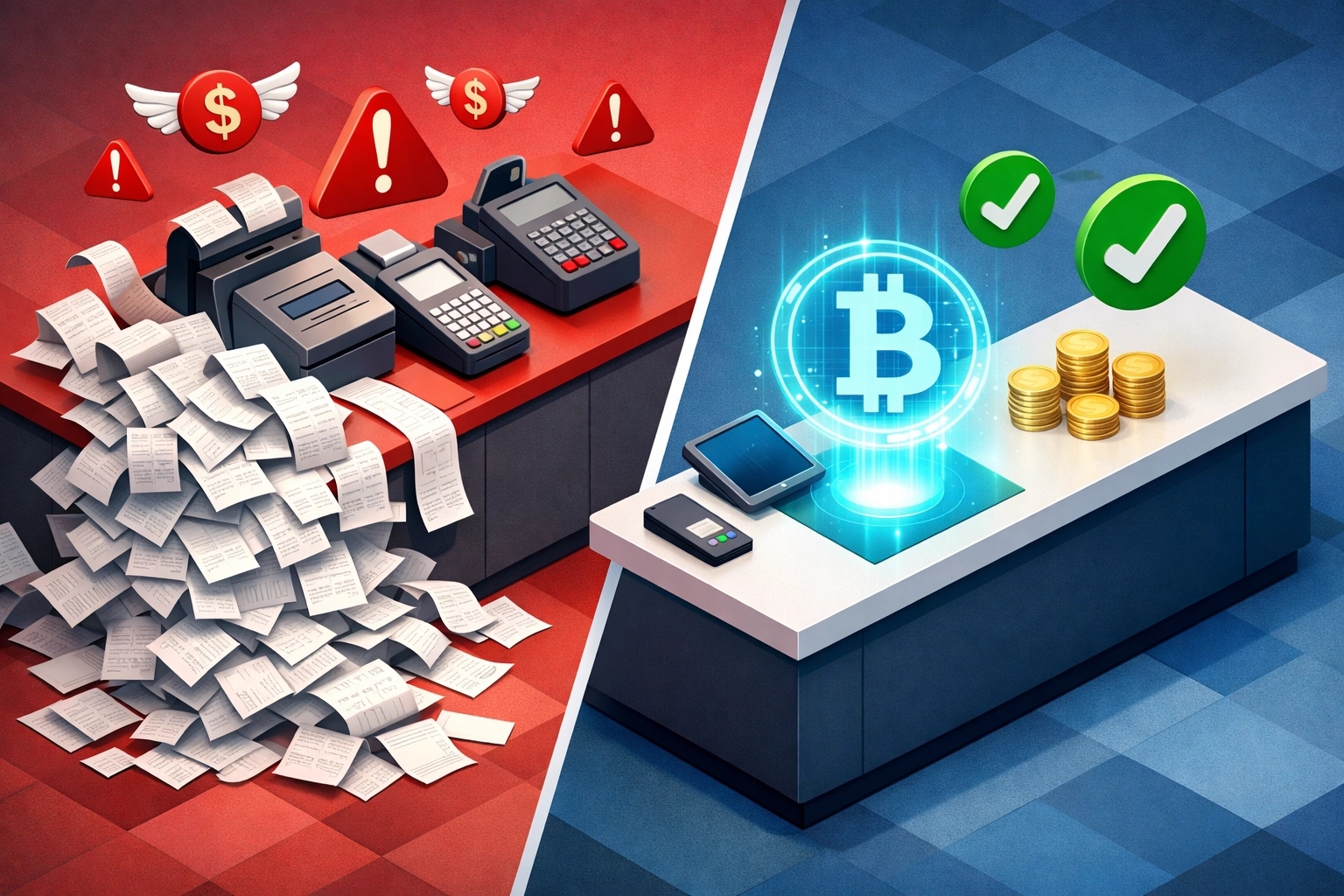 Side-by-side comparison of traditional merchant payment systems versus Web3 crypto payment solutions