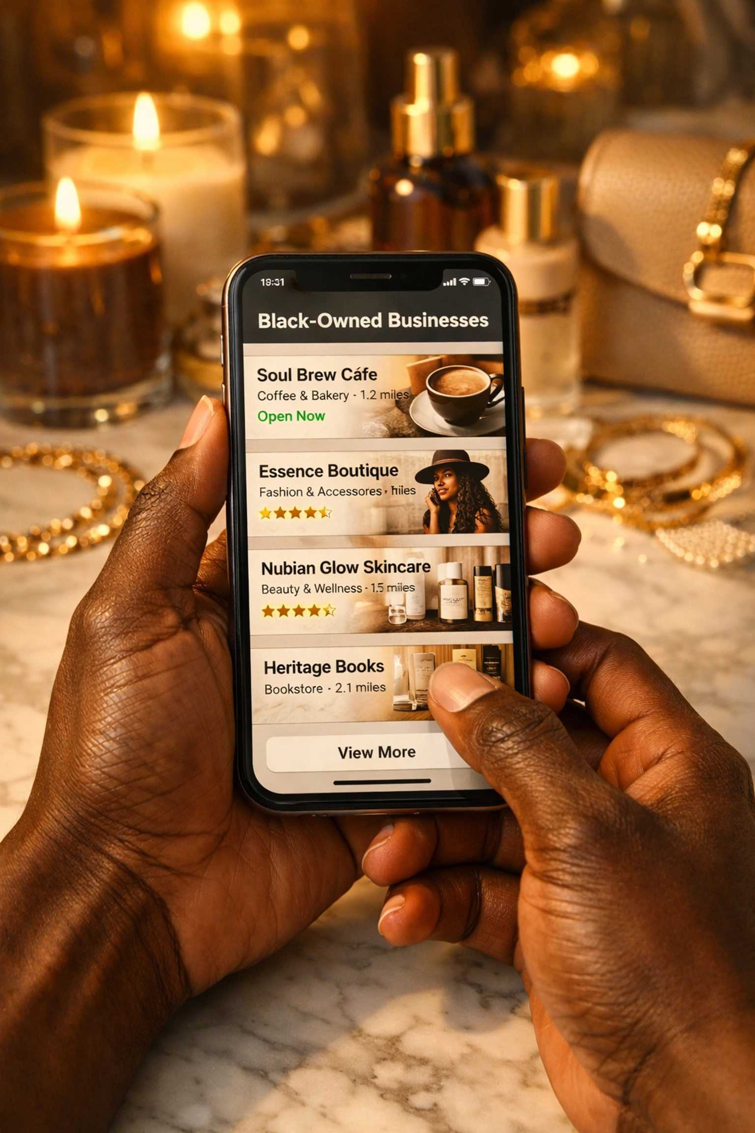Browsing Black business directory app on smartphone to find local Black-owned shops