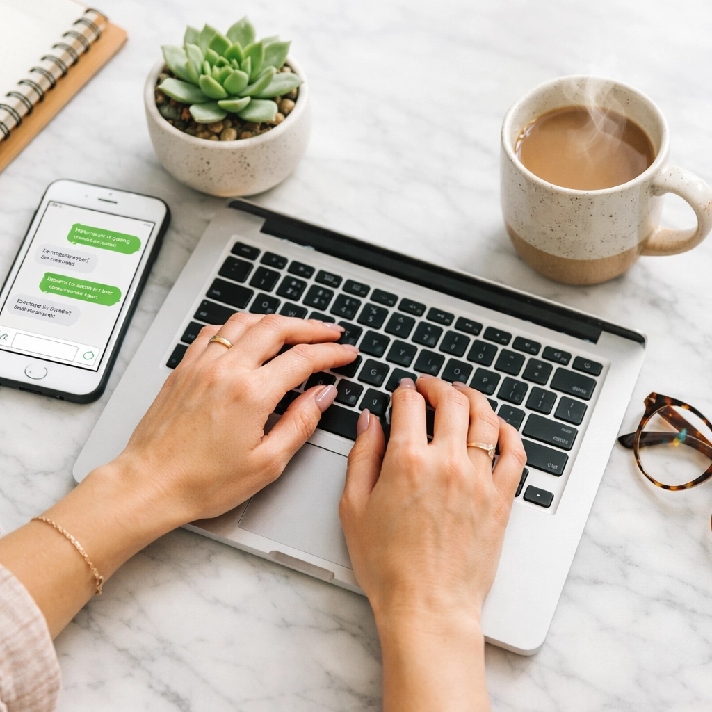 Coach typing authentic DM messages to potential clients on laptop with coffee and phone nearby