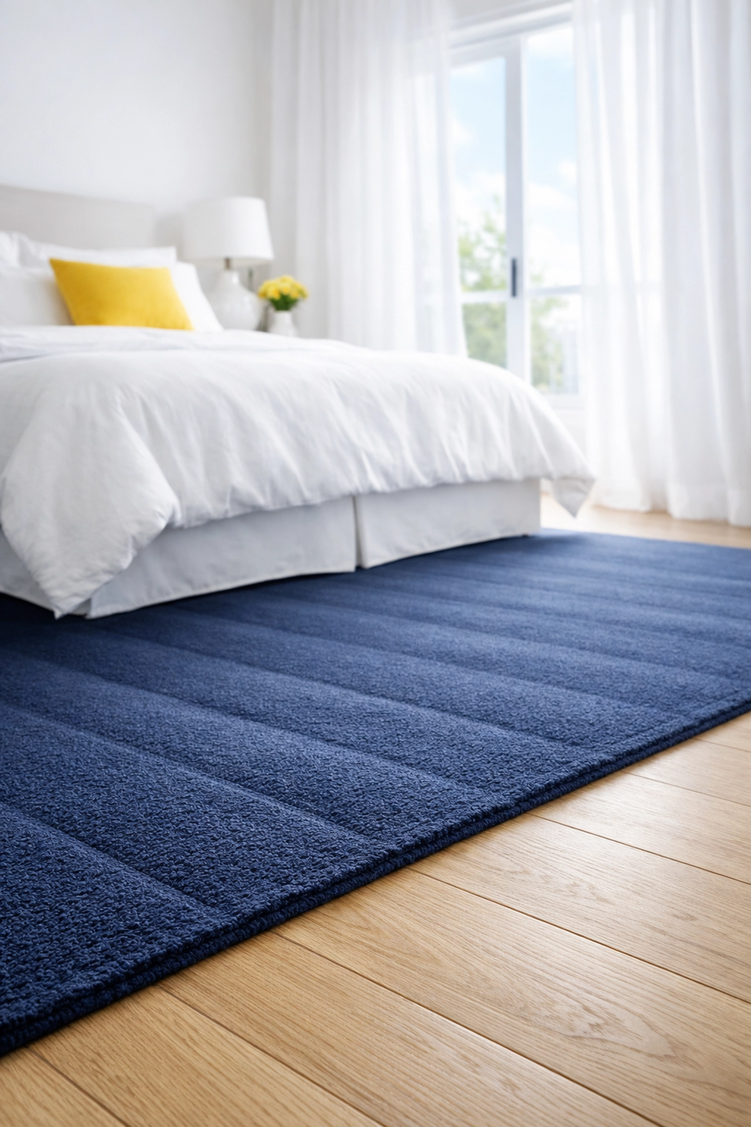 Pristine Leominster bedroom with a vacuumed rug illustrating high indoor air quality from regular cleaning.