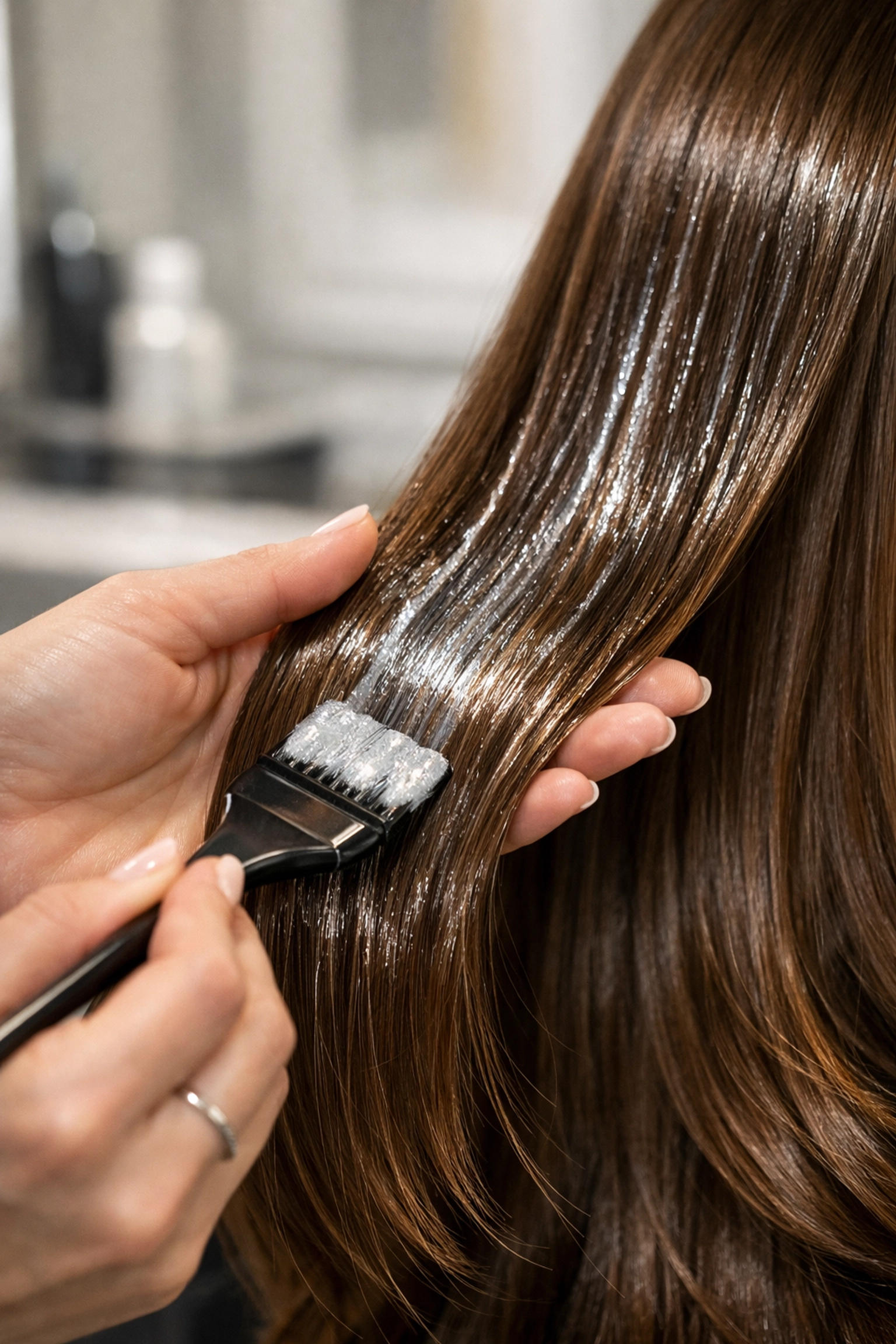 Expert stylist applying a professional hair gloss treatment at The Color Lounge Salon in Concord NH.