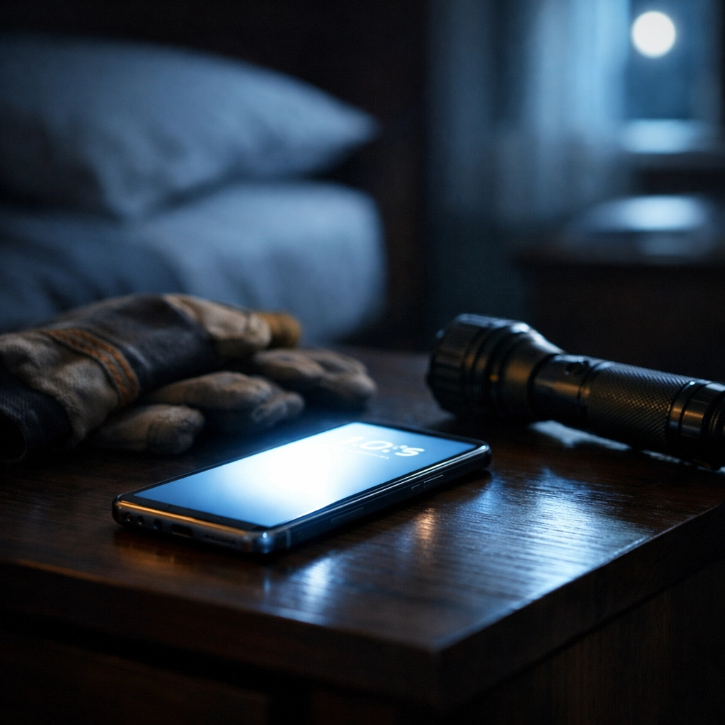 An illuminated smartphone and work gear on a nightstand, symbolizing a missed HVAC lead in the middle of the night.