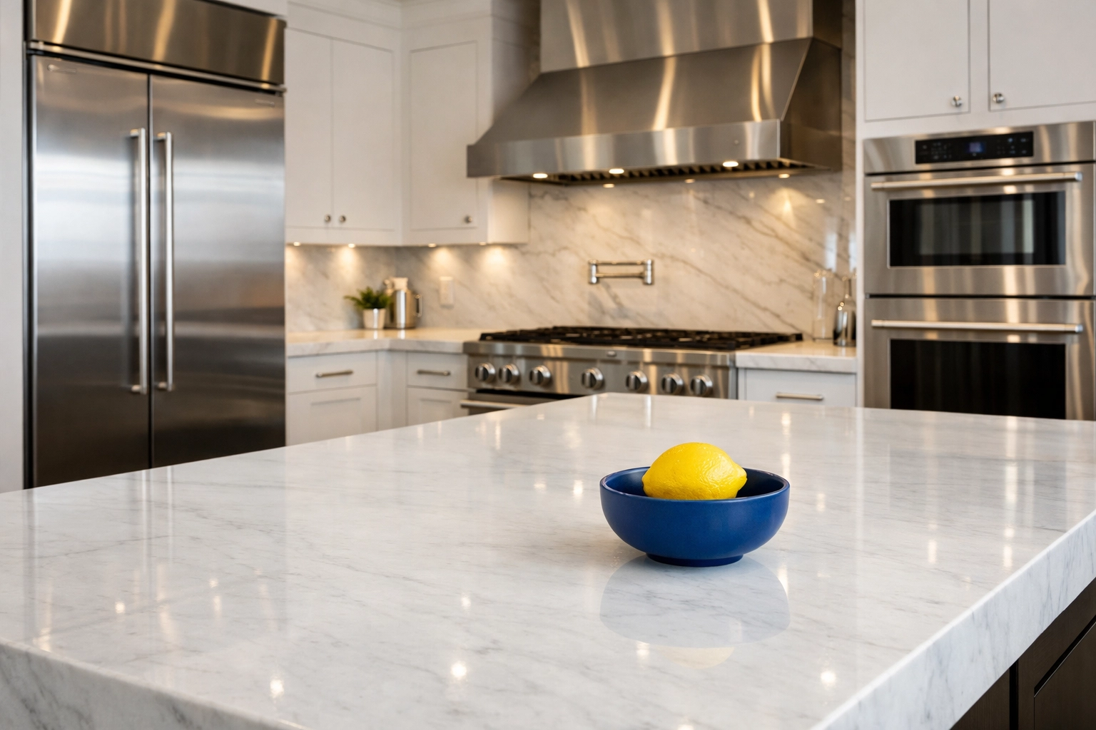Spotless modern kitchen with polished marble surfaces from expert residential cleaning in Groton, MA.