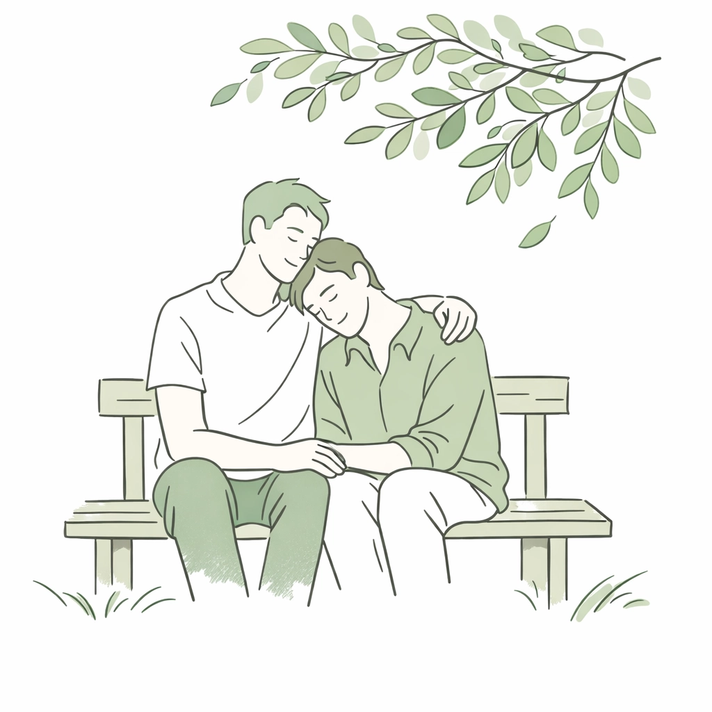 Minimalist illustration of an MM couple embracing on a bench, symbolizing self-acceptance and emotional peace.