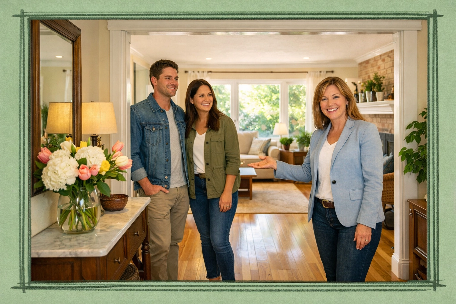 Realtor showing beautifully staged Connecticut home to buyers during traditional home sale