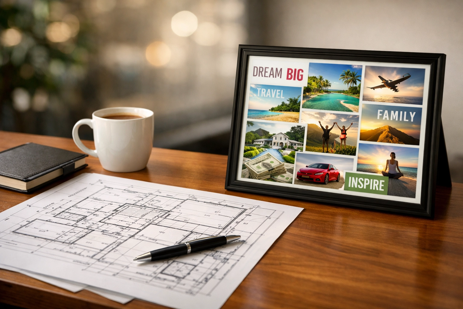 Business plan blueprint and vision board side by side on office desk