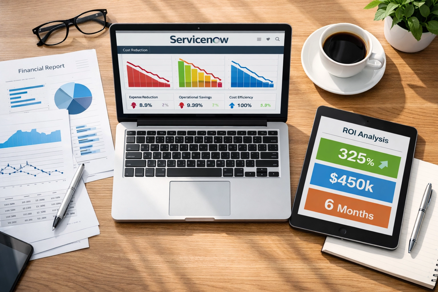 ServiceNow cost reduction analysis with ROI metrics and performance graphs trending downward