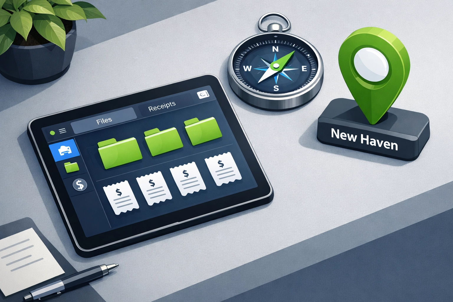 Organized digital tax documents and New Haven location pin for professional tax preparation service.