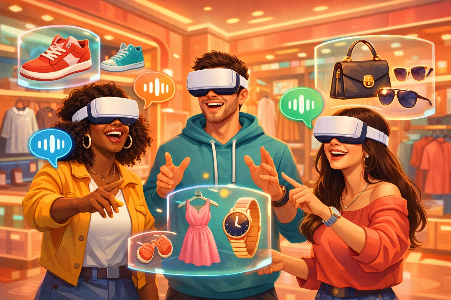 Friends shopping together in VR metaverse store with social features and voice chat