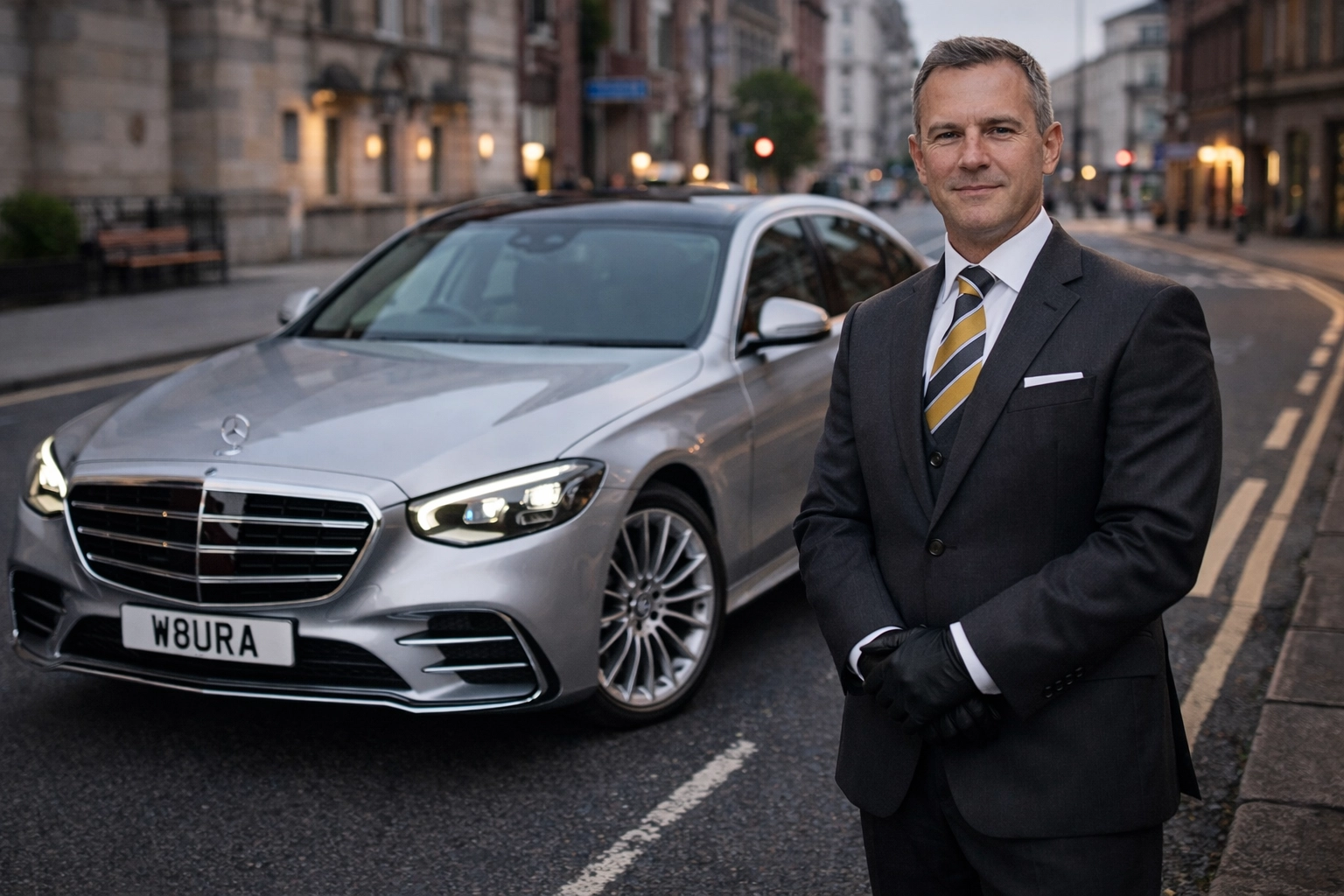 Professional chauffeur in a charcoal grey suit, white shirt, and official Aura Journeys tie standing beside a silver Mercedes-Benz S-Class W223 (W8URA) on a Nottingham road, doors closed.
