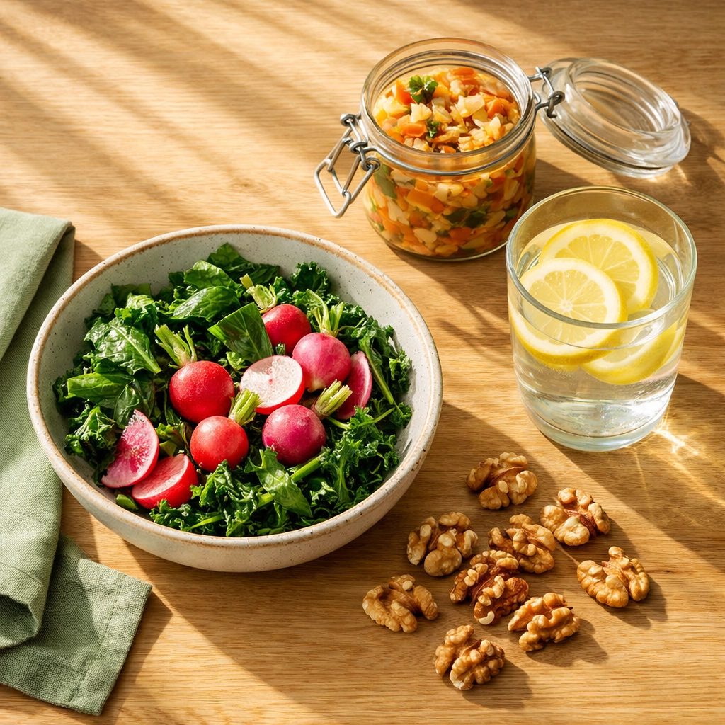 Nutrient-dense whole foods on a kitchen table representing a holistic metabolic reset for metabolic health.