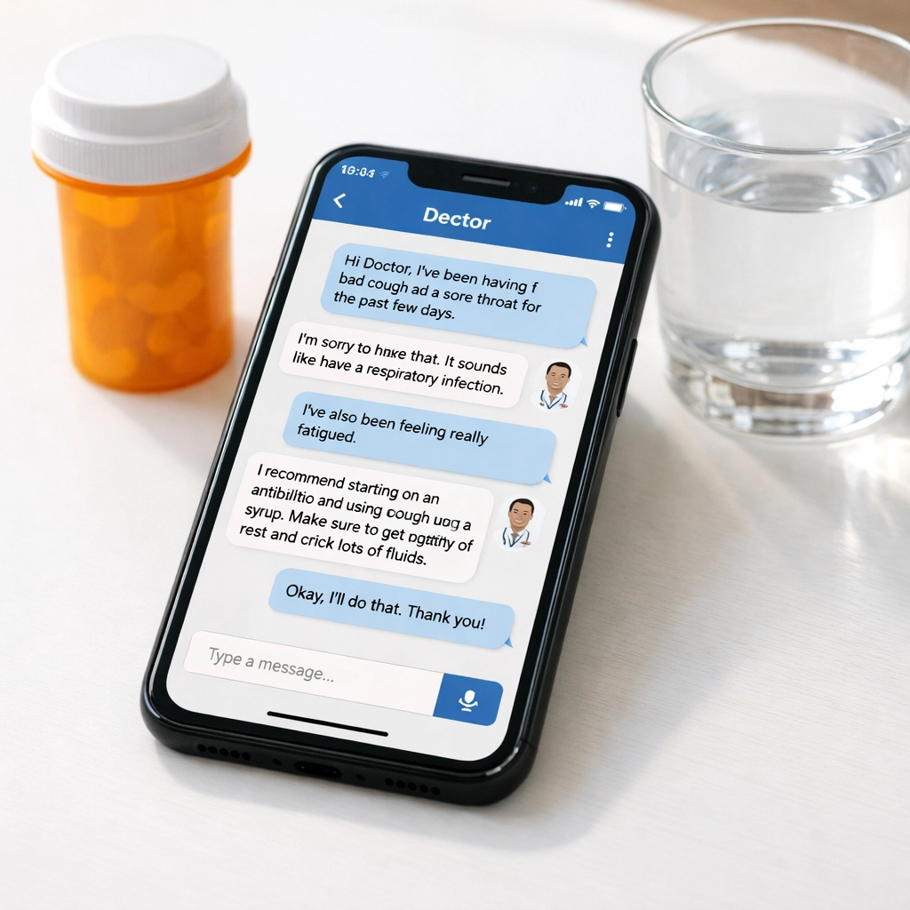 Smartphone showing text-based doctor consultation with prescription medication and treatment plan