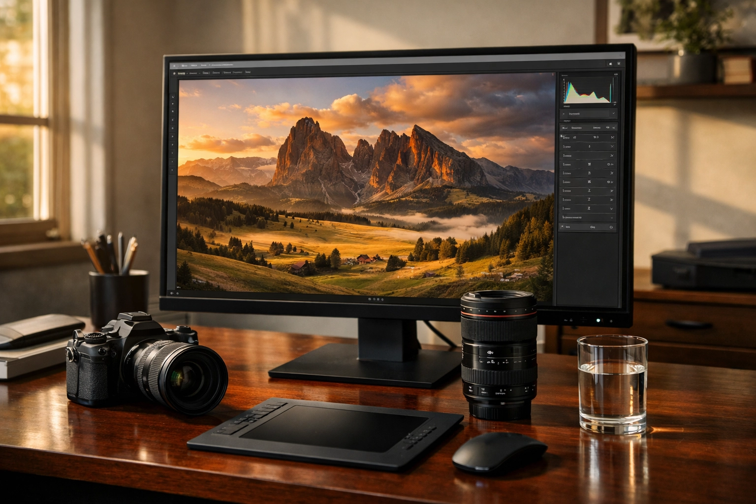 Professional photographer workspace with high-end camera gear and high-resolution photo editing monitor.