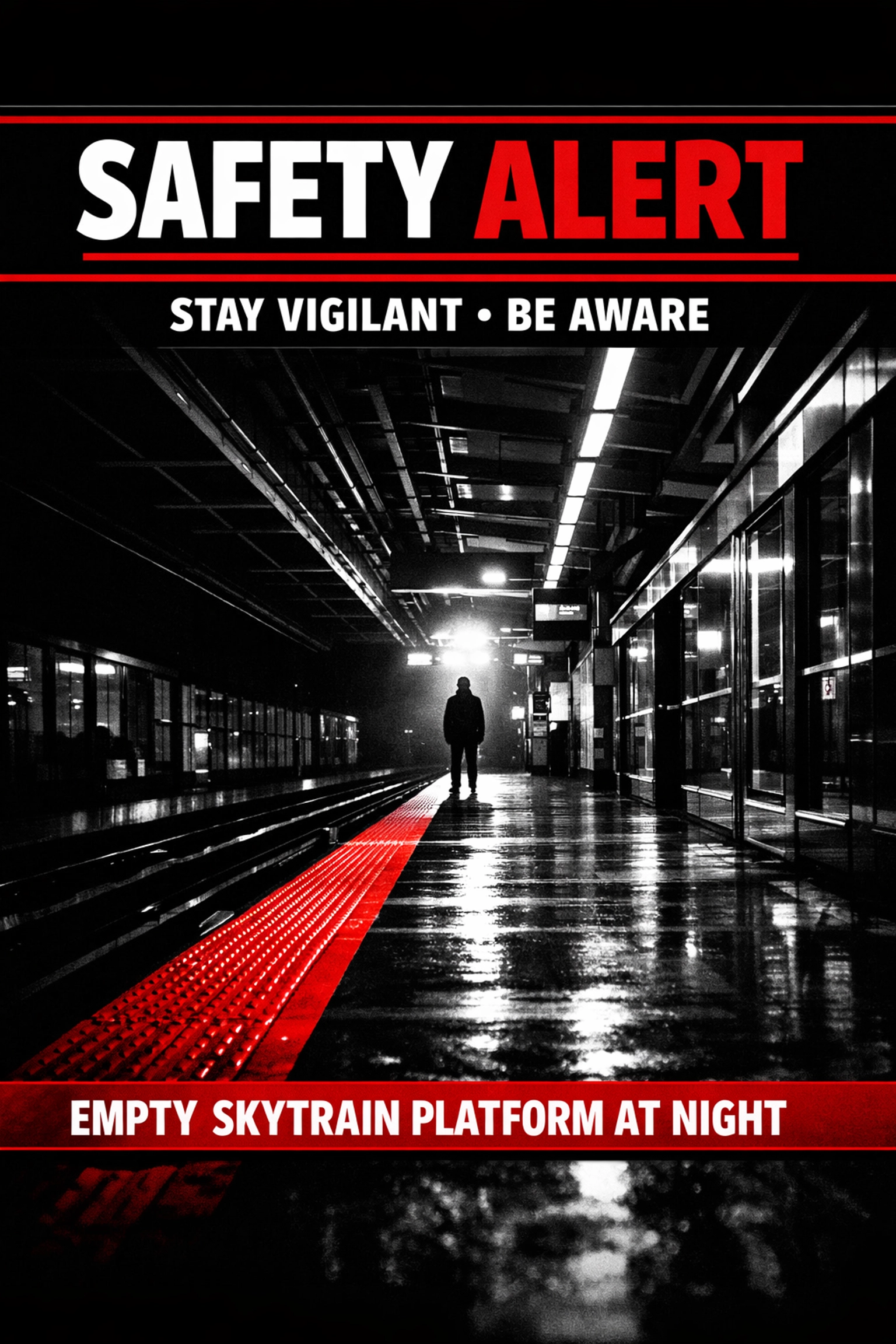 Empty SkyTrain platform at night following Metro Vancouver transit safety alert