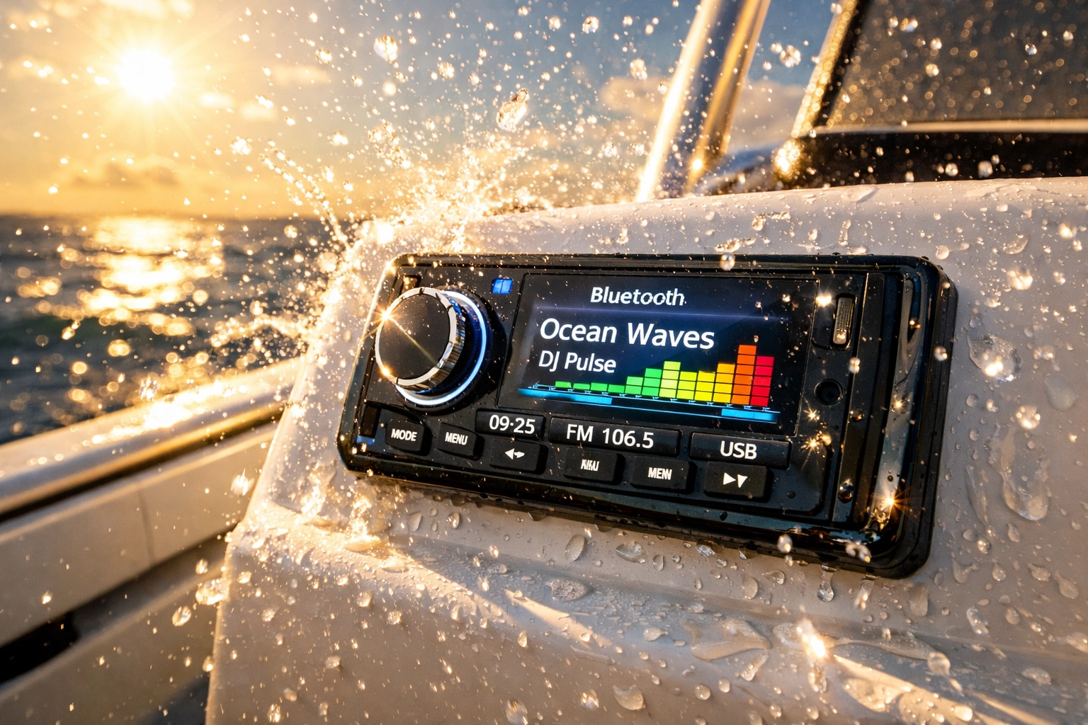 Waterproof marine head unit mounted on boat console with UV-resistant faceplate