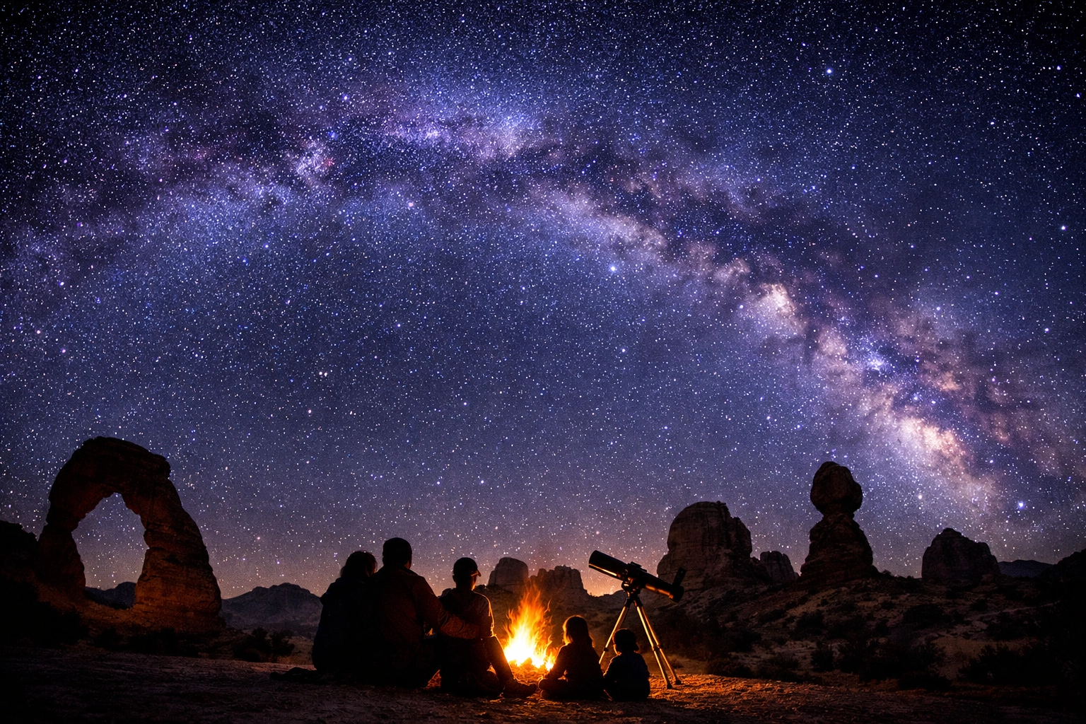 Top 10 Family Travel Activities That Are Actually Fun for Adults Too 3 Family stargazing at Arches National Park under a bright Milky Way, highlighting scenic travel activities.