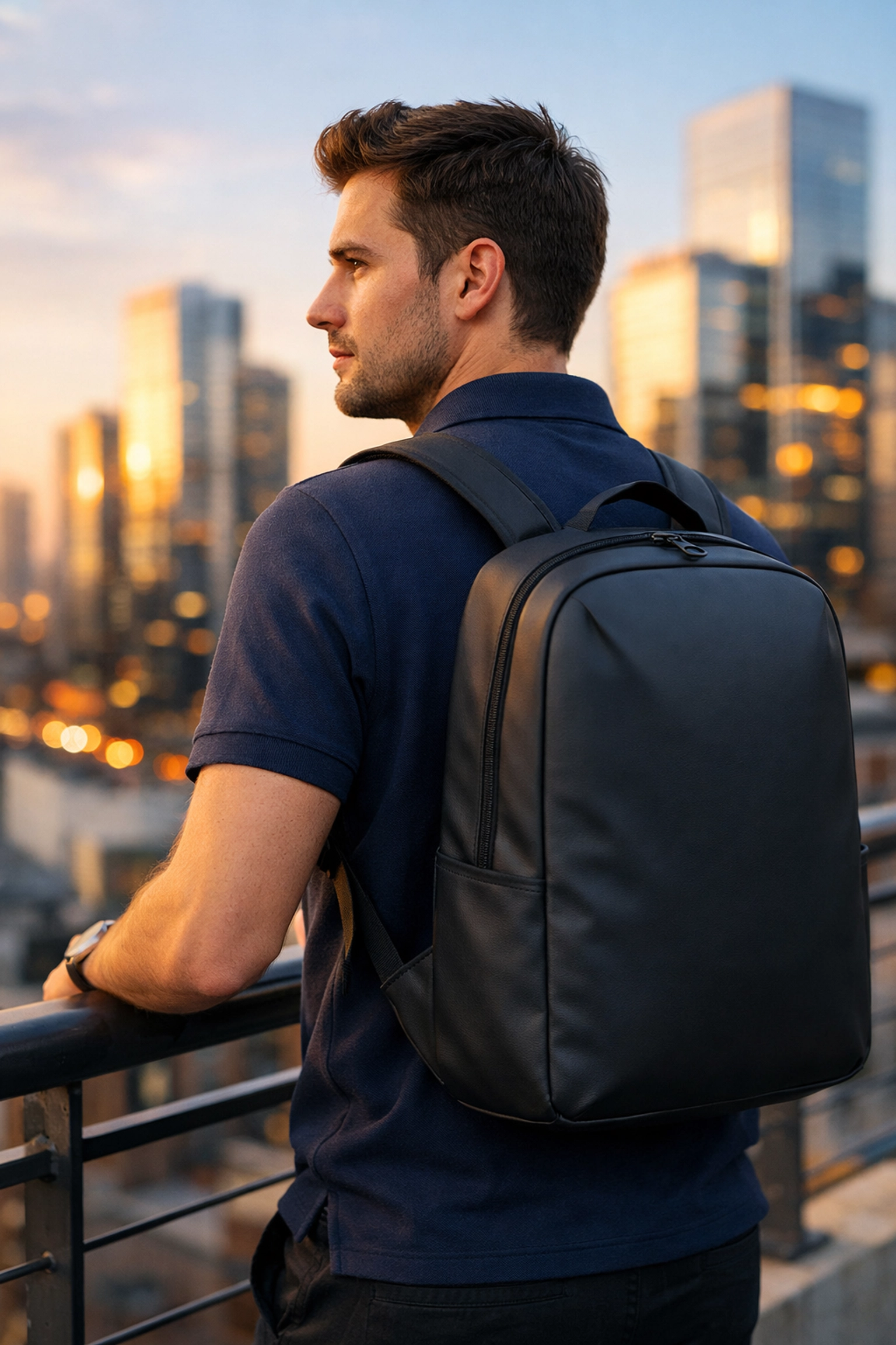 Professional wearing a navy pique polo and minimalist backpack on a rooftop overlooking a city skyline.