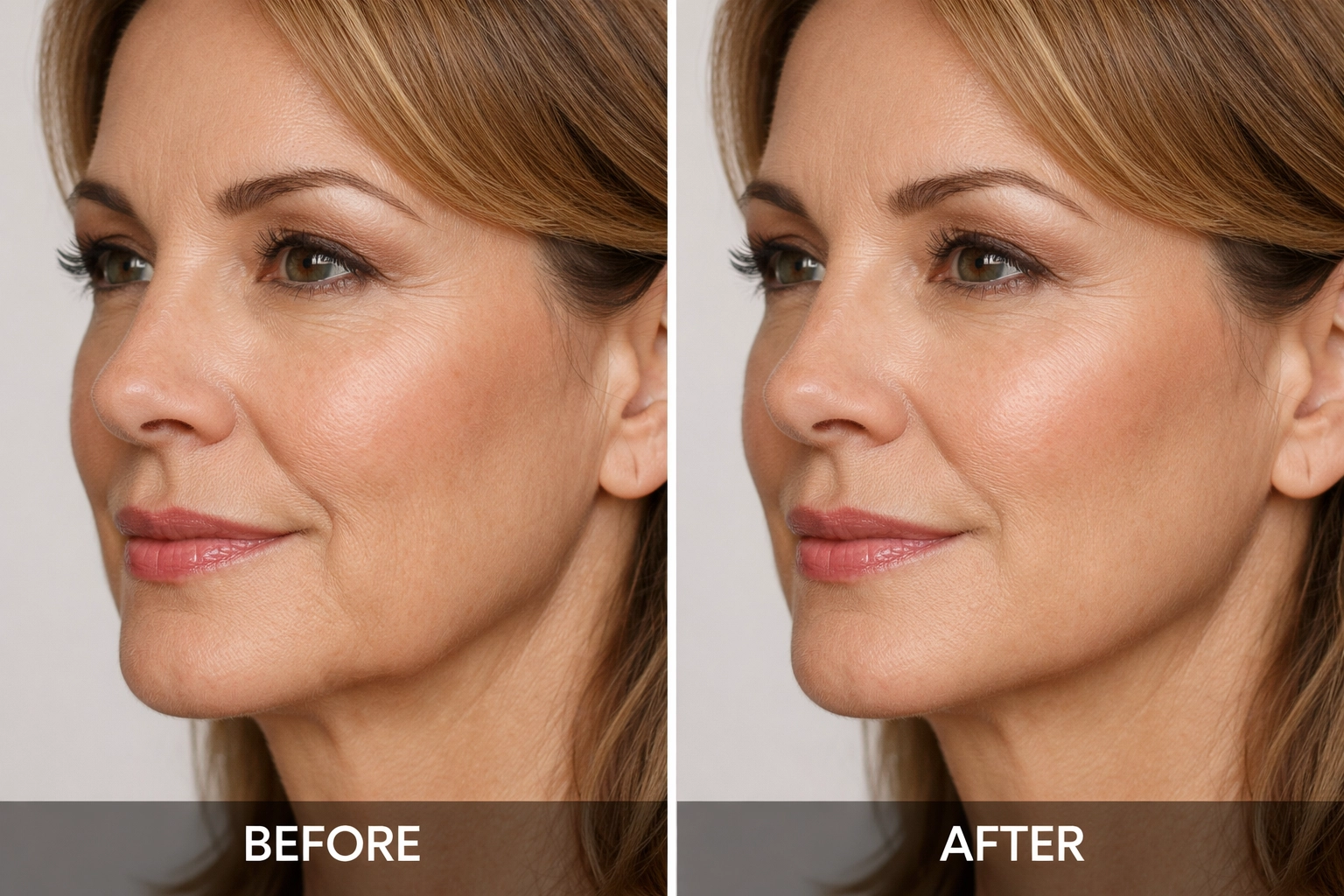 Mid-face showing cheekbone structure and nasolabial folds in mature skin