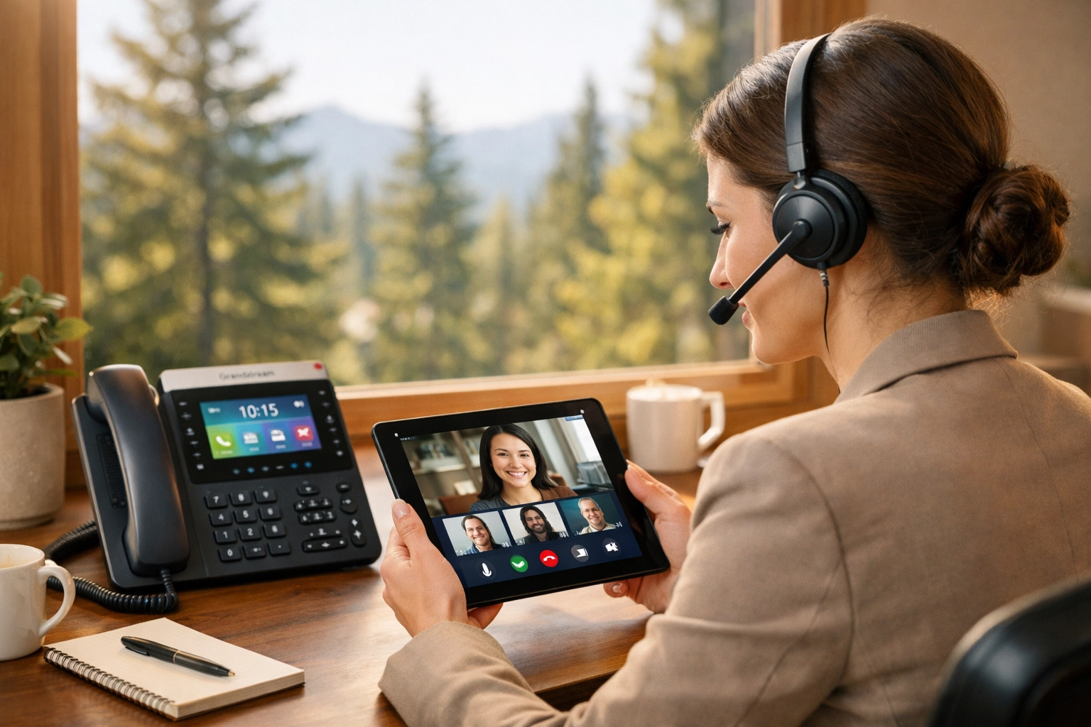 A worker using a Grandstream IP phone and cloud PBX features for professional business VoIP in Canada.