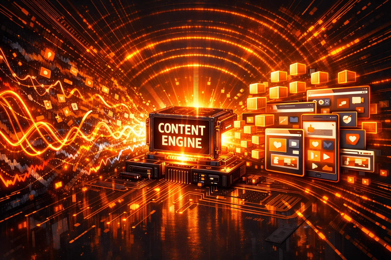 AI marketing automation engine processing data into social media content and digital brand reach signals.