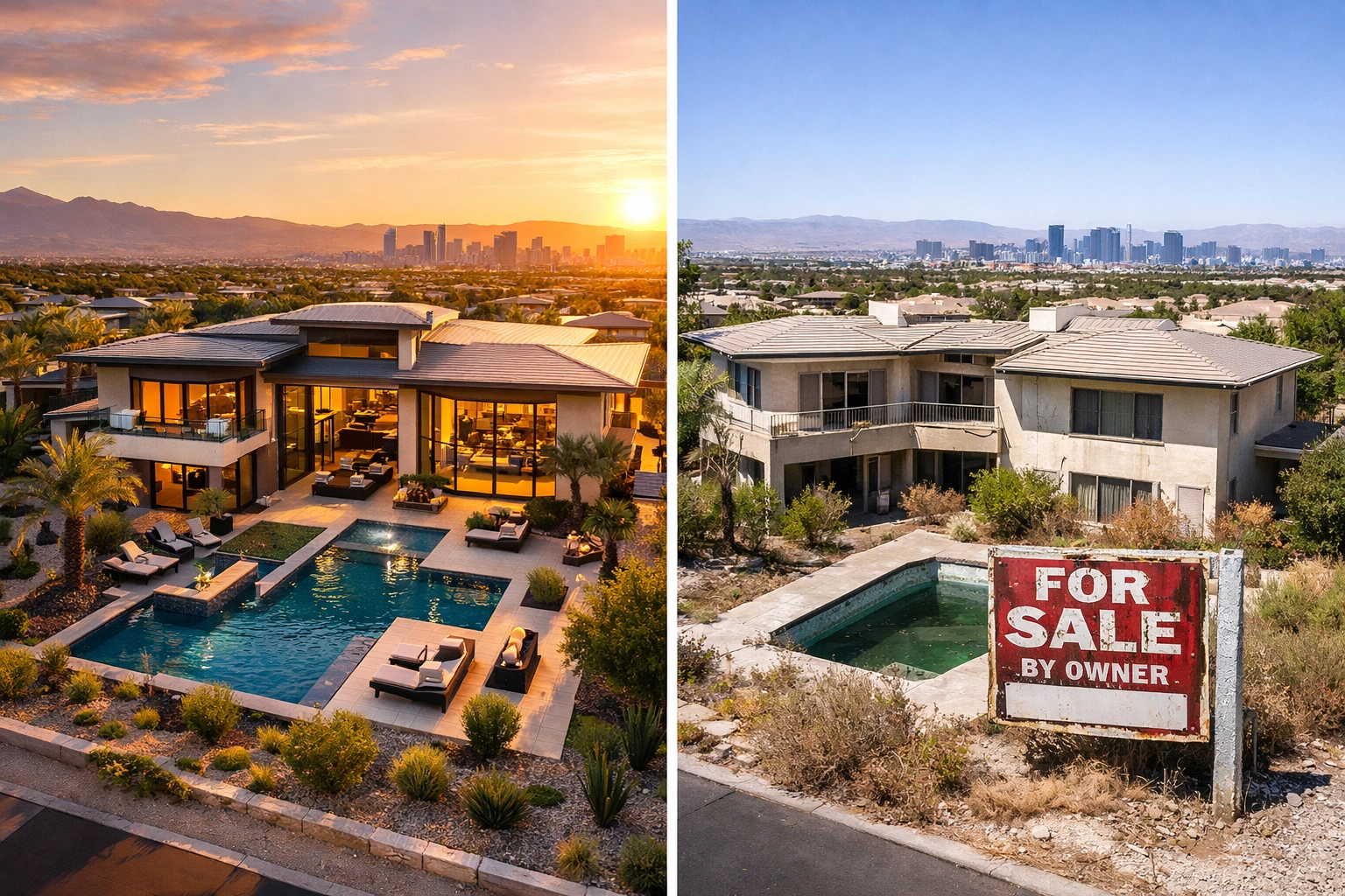 Comparison of well-maintained Las Vegas luxury home versus stale listing with dated exterior and overgrown landscaping