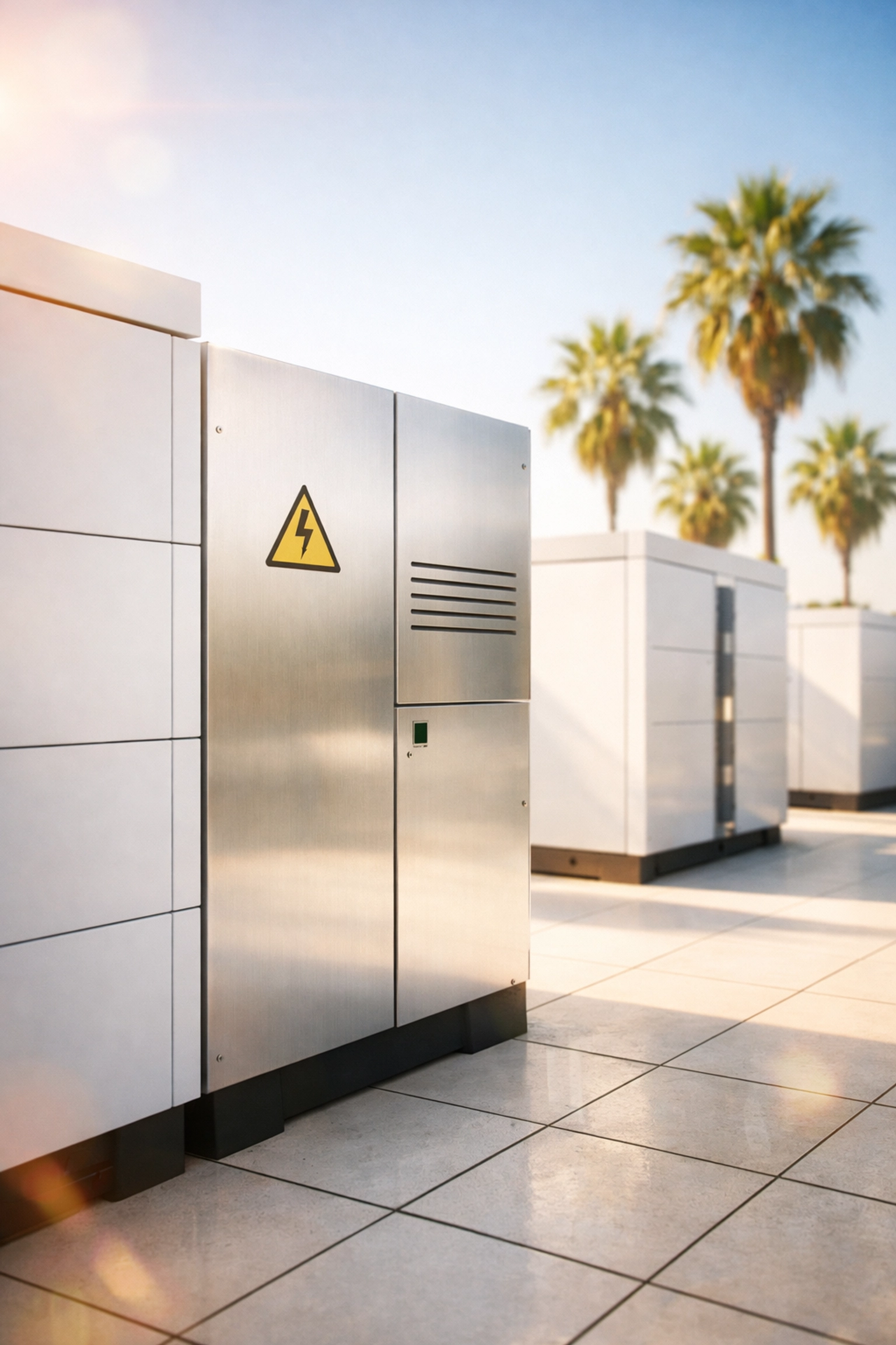 Modern commercial battery storage units on a San Diego building terrace to mitigate utility volatility.