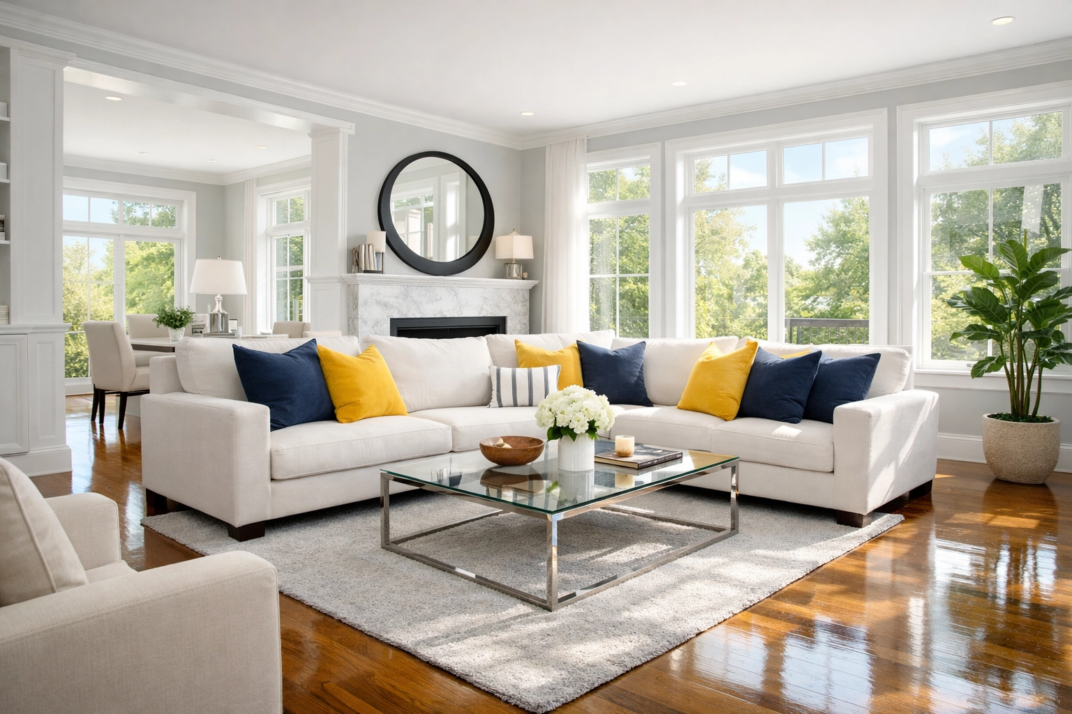 Spotless luxury living room after a professional house cleaning service in Massachusetts.
