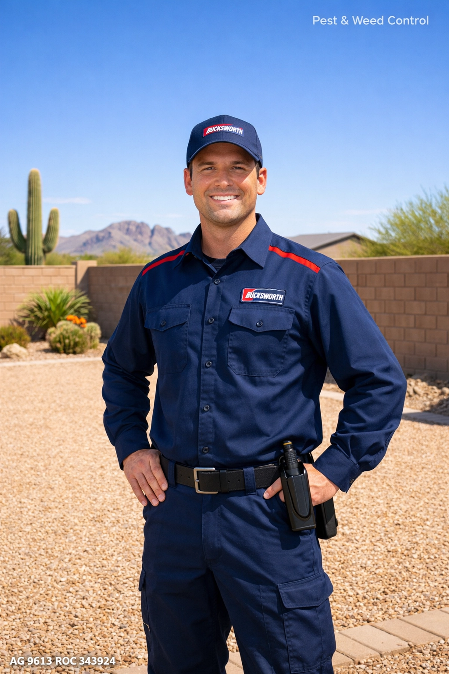 Bucksworth technician standing in a weed-free Queen Creek AZ backyard after pest control service.