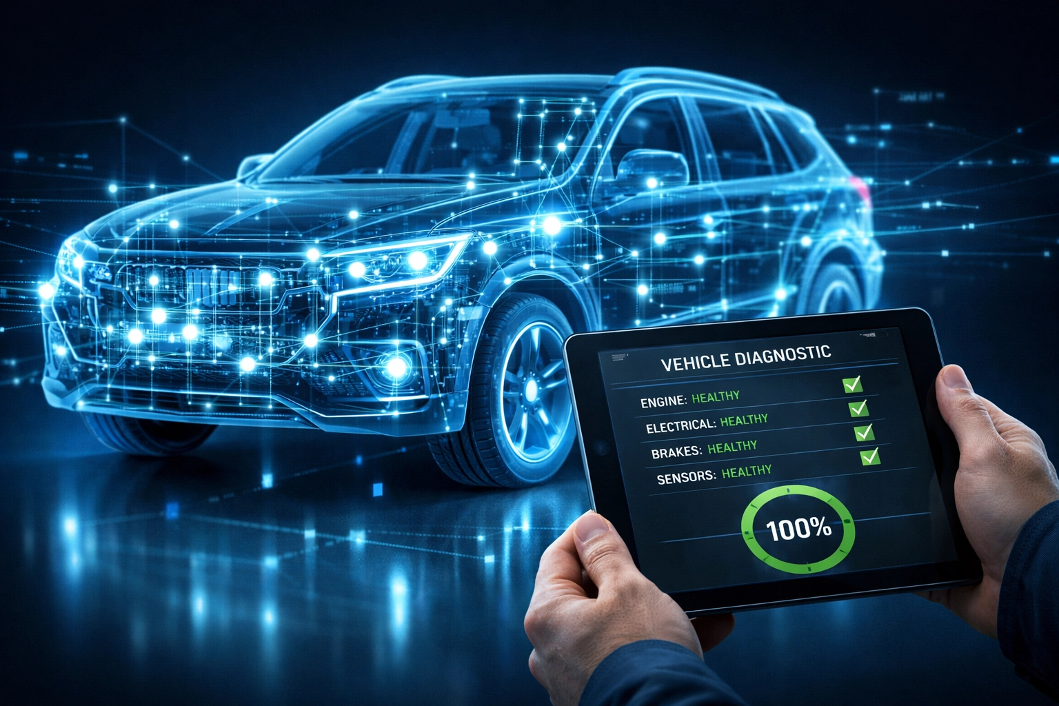 Digital vehicle inspection airdrie showing a diagnostic scan of a modern car.