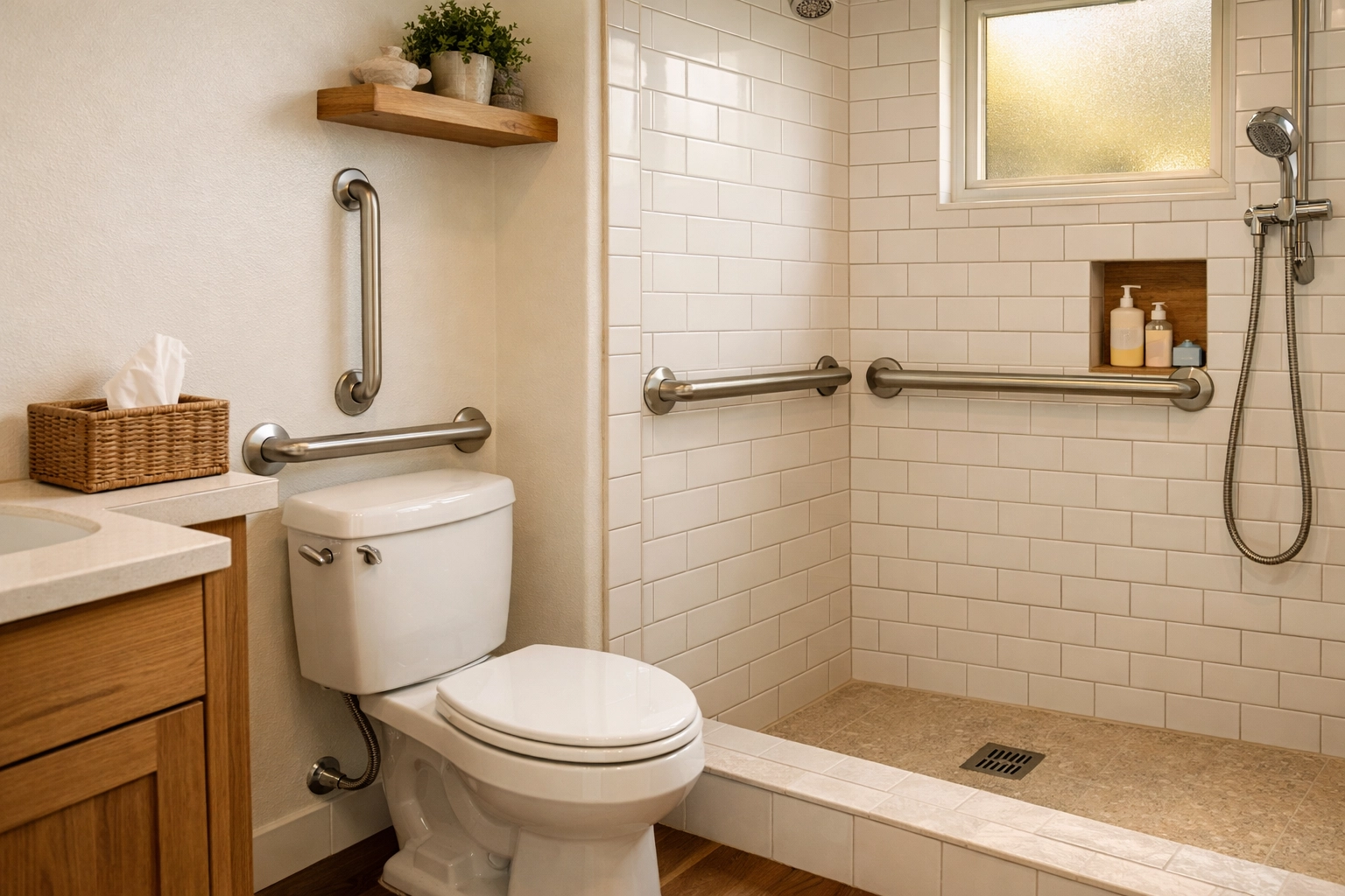 Stainless steel grab bars installed near toilet and shower in modern accessible bathroom