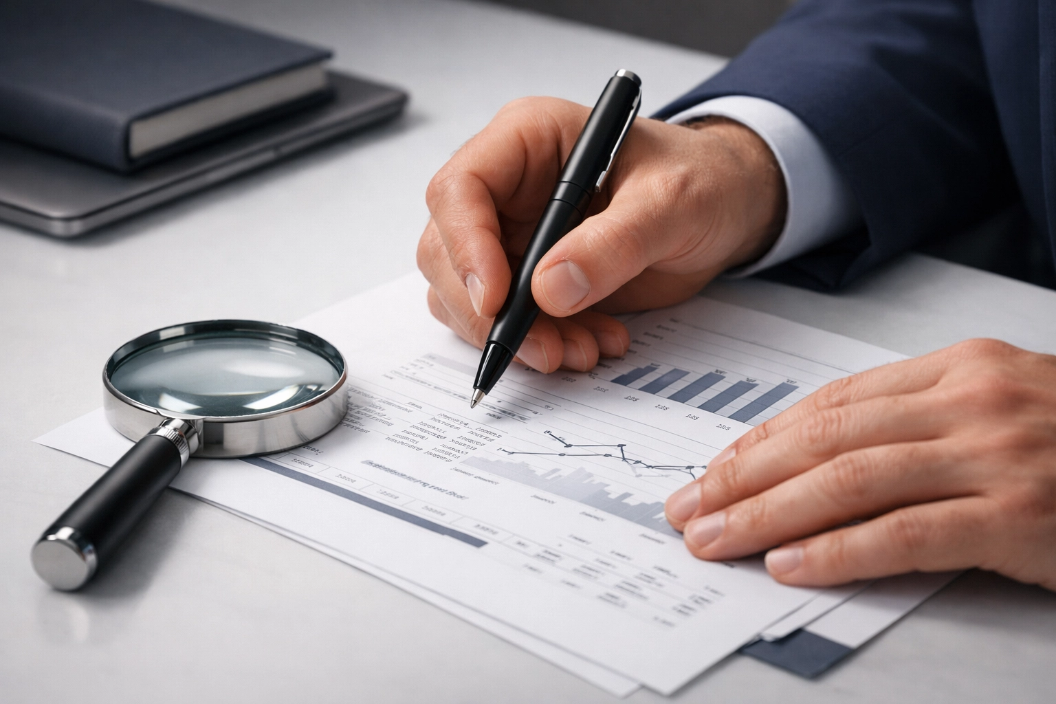 Analyzing a P&L statement with a magnifying glass to find hidden job costing leaks in a service business.