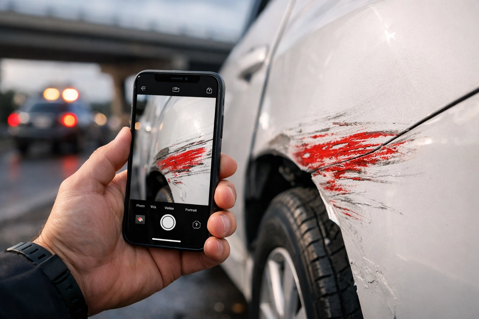 Documenting vehicle damage and paint transfer for a Houston uninsured motorist claim after a hit-and-run.