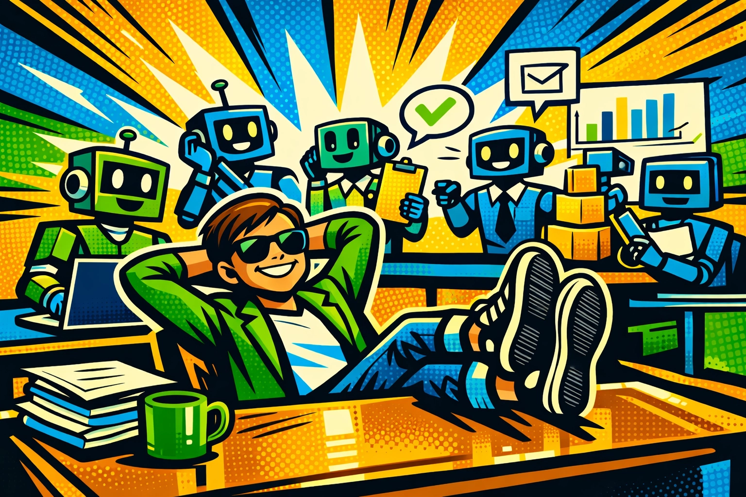 Small business owner relaxing while AI assistants handle daily business tasks