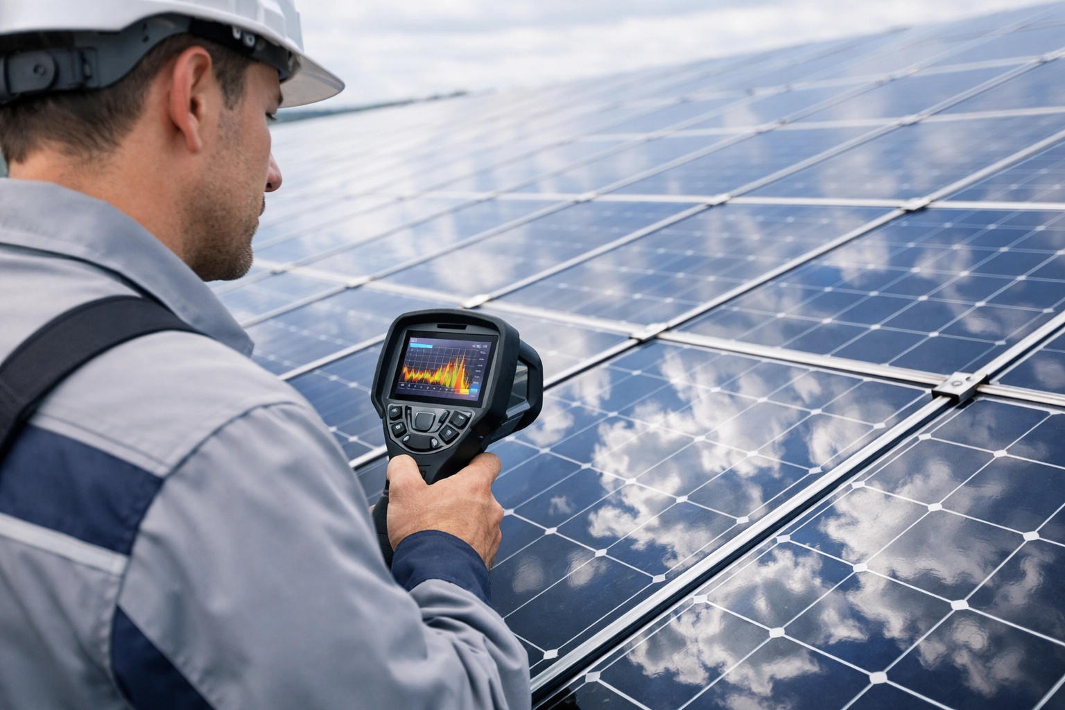 Technician inspecting commercial solar panels to optimize energy efficiency and performance.