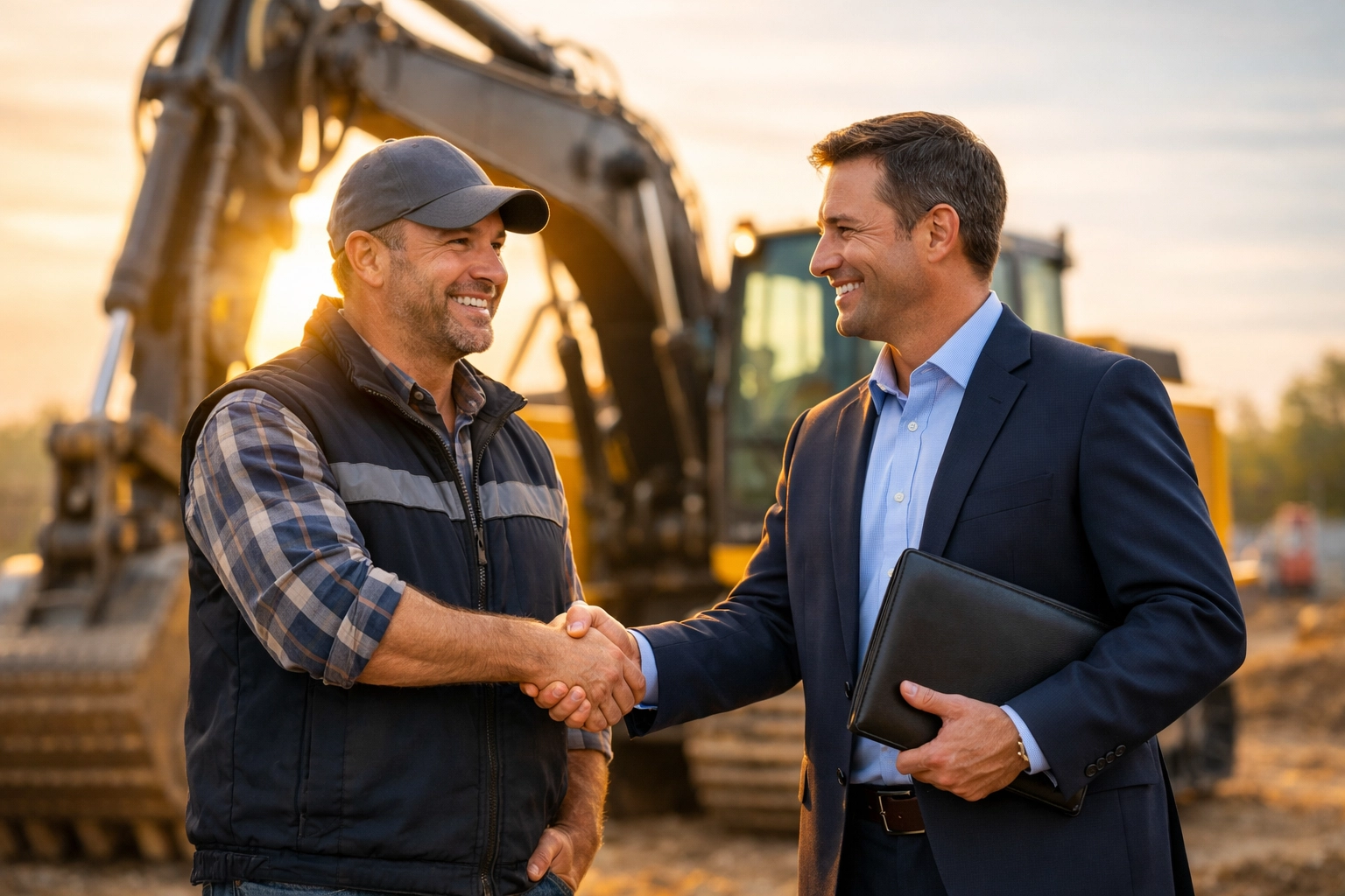 Business owner shaking hands with a consultant in front of heavy machinery, showing a partnership for equipment financing.