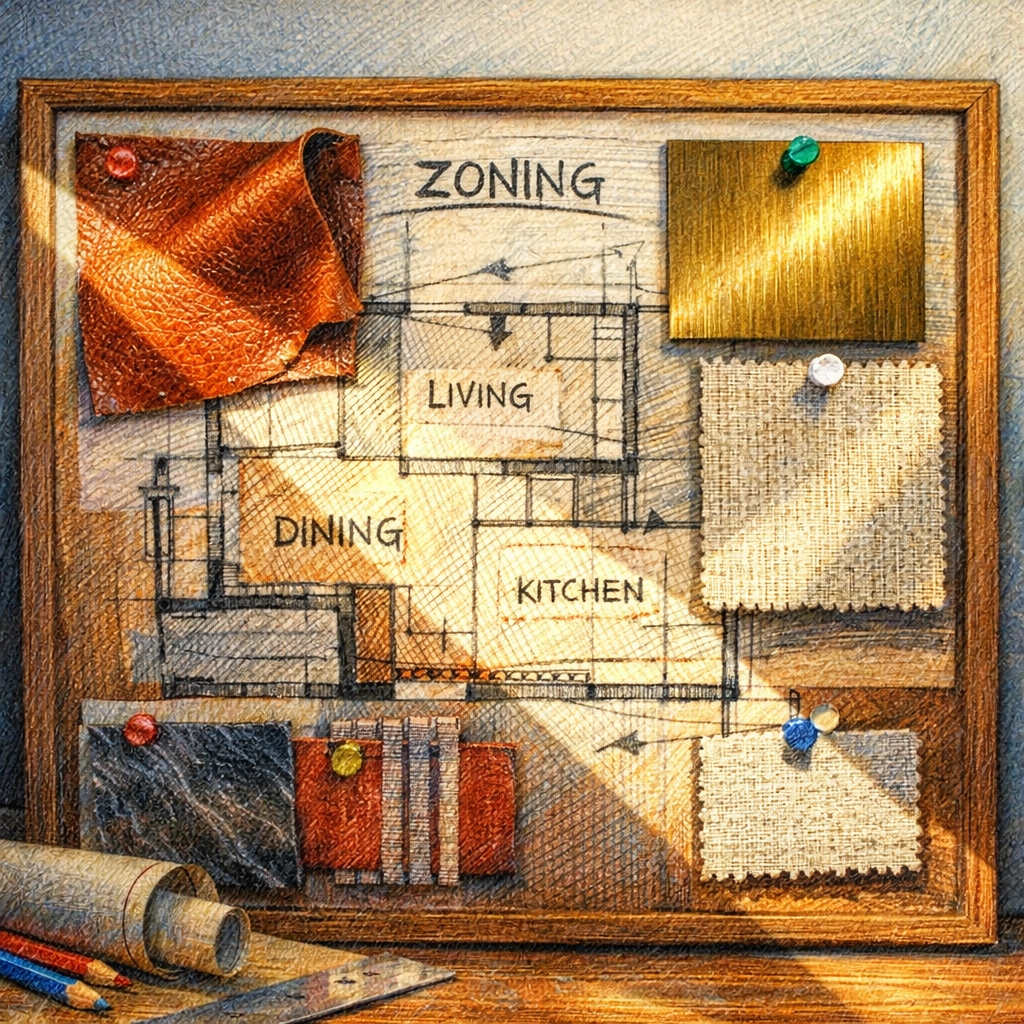 A boutique hotel interior design mood board with leather swatches and architectural floor plans.