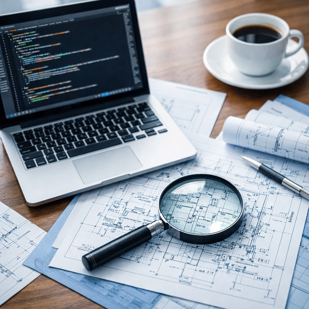 Technical due diligence review process with code examination and architectural blueprints