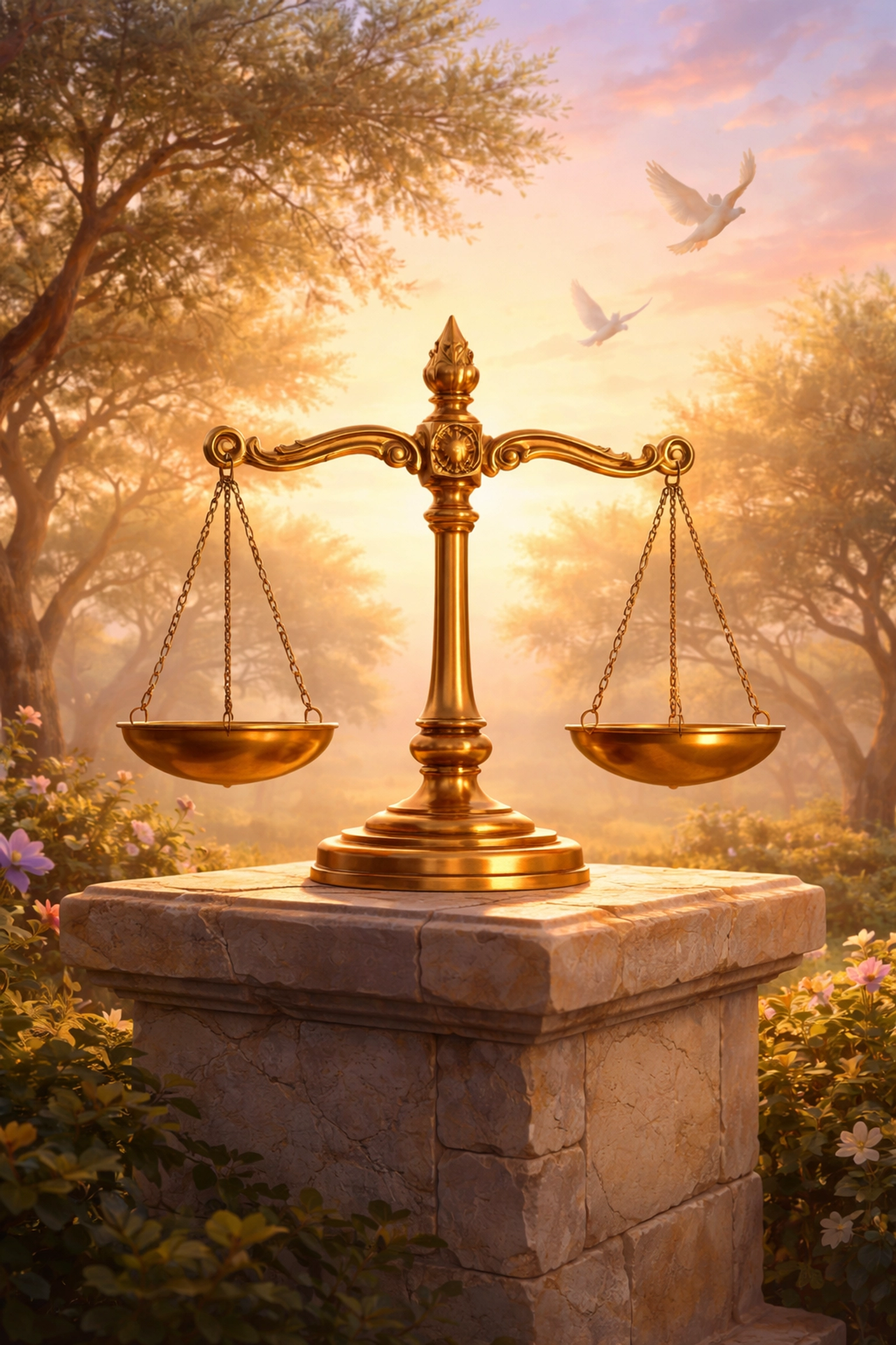 Ancient gold balance scale in a peaceful garden at sunrise, illustrating God's justice, fairness, and final judgment.