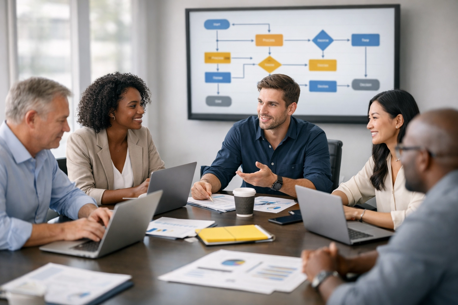 Business team collaborating on AI strategy and change management planning