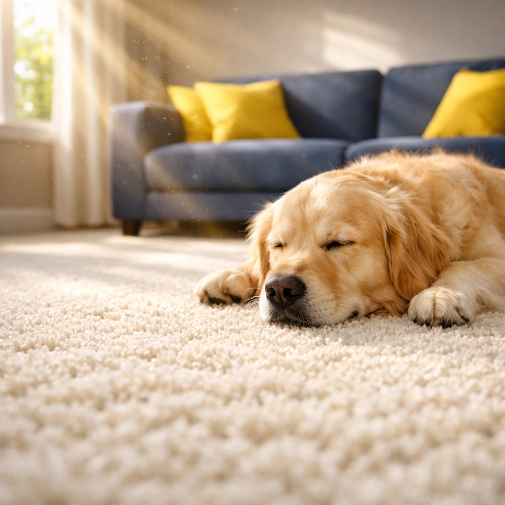 Clean cream carpet in a sun-drenched living room with a pet, highlighting allergen-free fibers.
